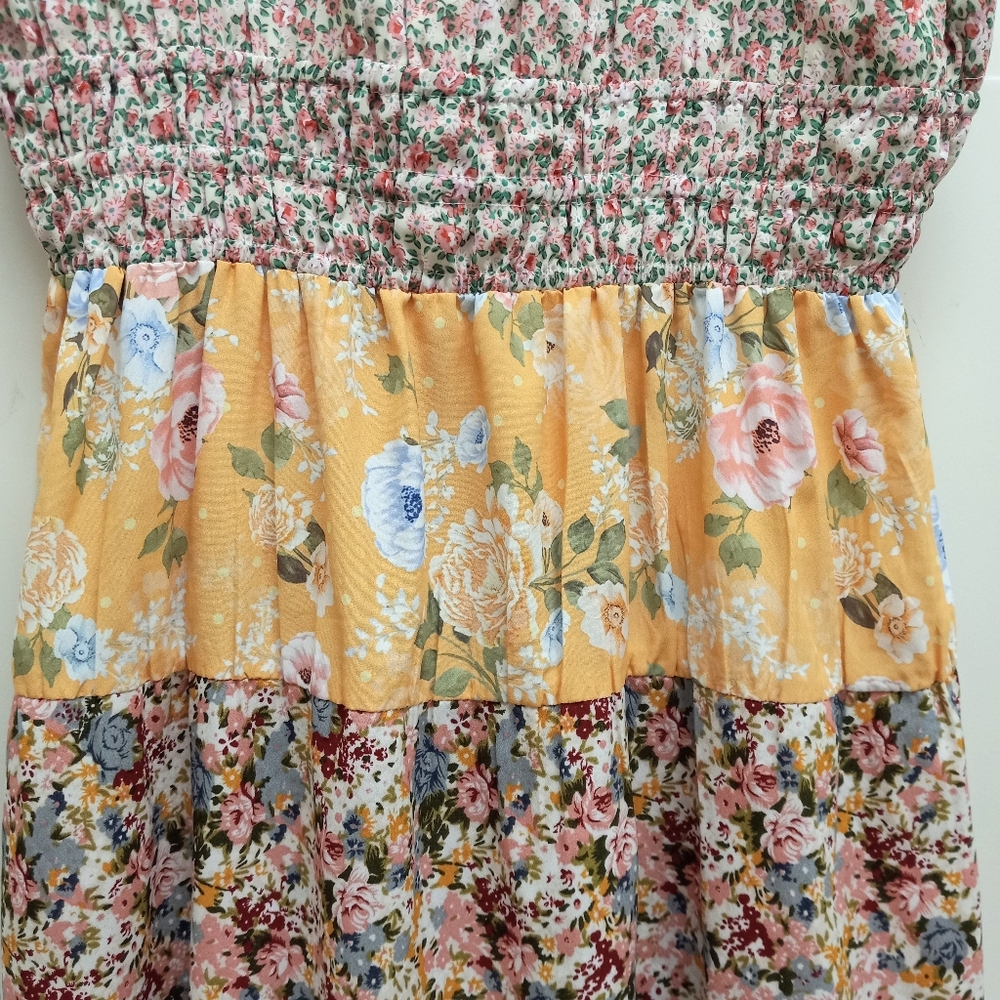 ​Adelyn Rae Patchwork Midi Dress Tiered Cottagecore Floral Smocked Boho Small - Picture 7 of 15